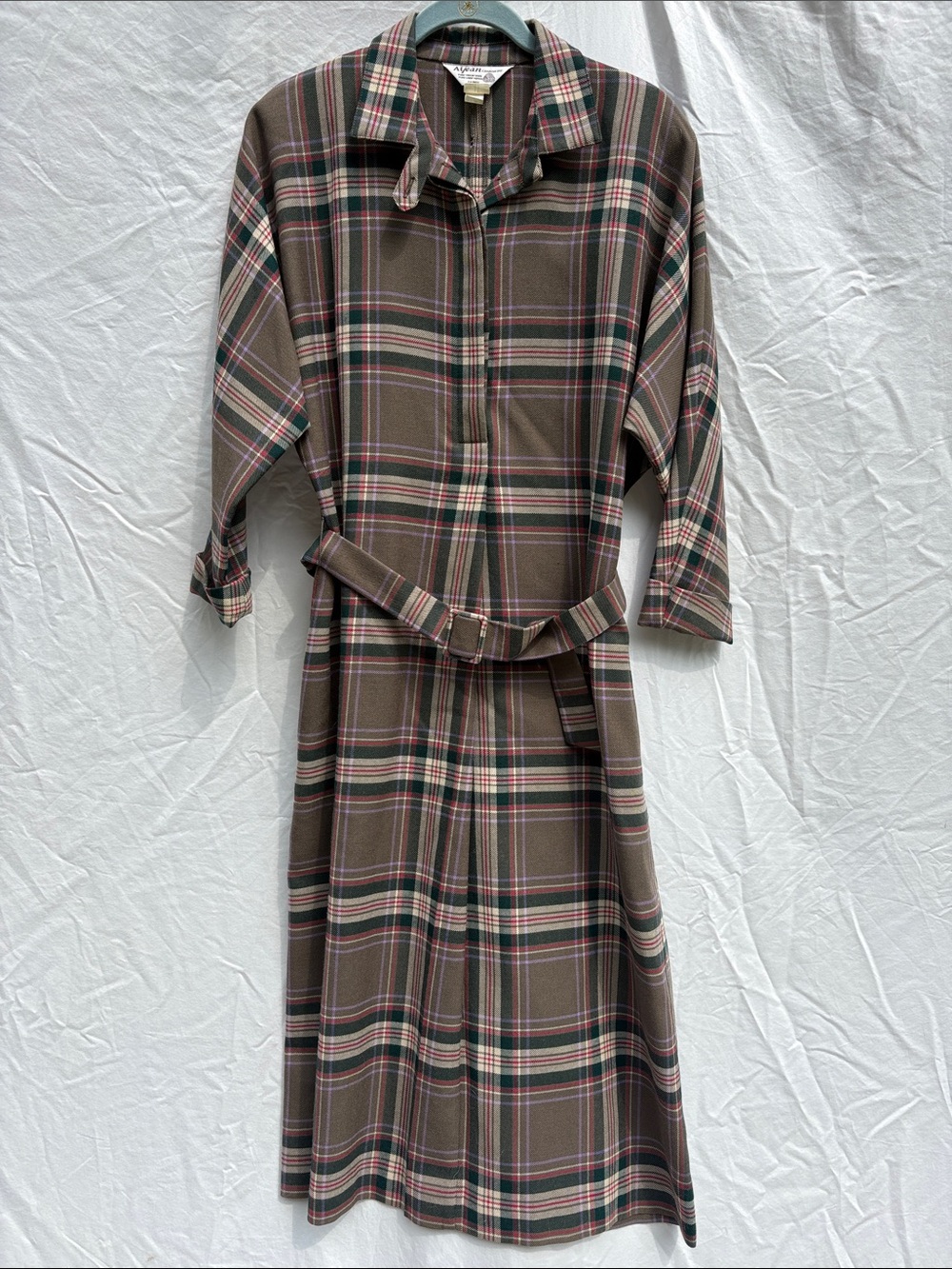Plaid Belted Midi Shirt Dress in Brown